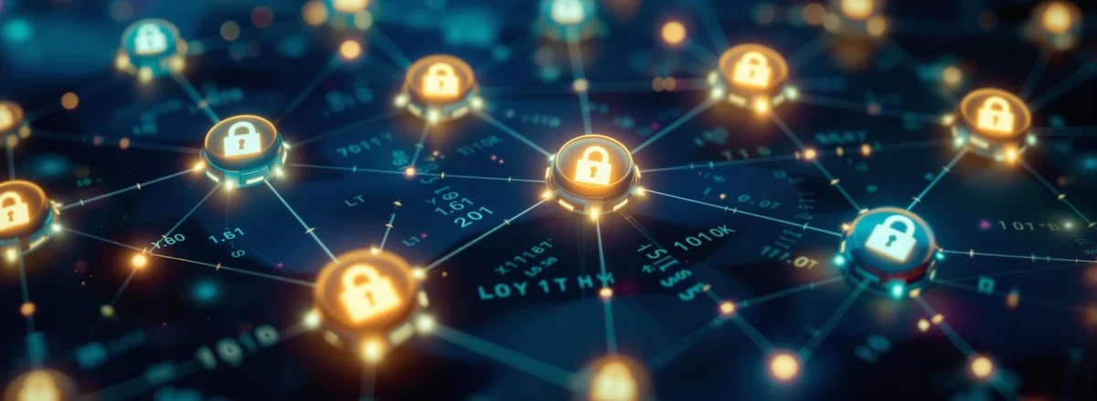 A network of interconnected nodes, each representing a secure wallet, glowing with a soft, pulsating light. The nodes are connected by lines of encrypted data, symbolizing secure communication and trust. The background is a deep, dark blue, with subtle hints of green and purple, representing the Web 4.0 ecosystem. Image size: 1200x400 pixels